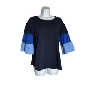 Chico's blouse SIZE 16 Size XL Navy Blue Three Quarter Sleeve Ruffle Layered Top